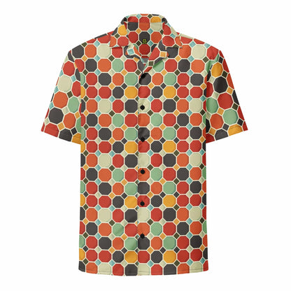 Groovy patterned button shirt with short sleeves and open collar in multicolor hexagons