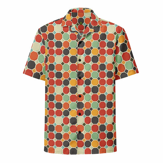 Groovy patterned button shirt with short sleeves and open collar in multicolor hexagons