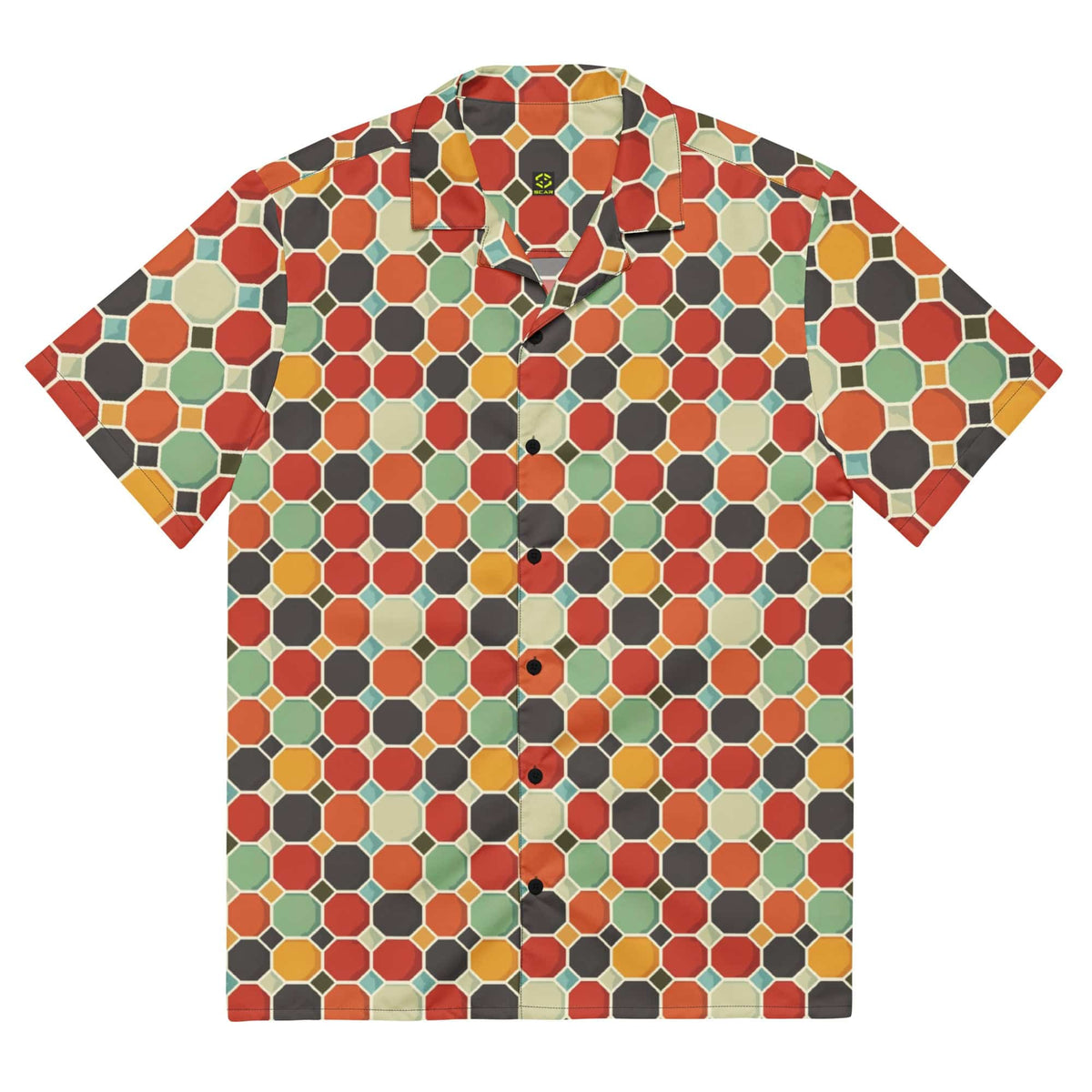 Back view of multicolor groovy patterned button shirt with short sleeves and collar