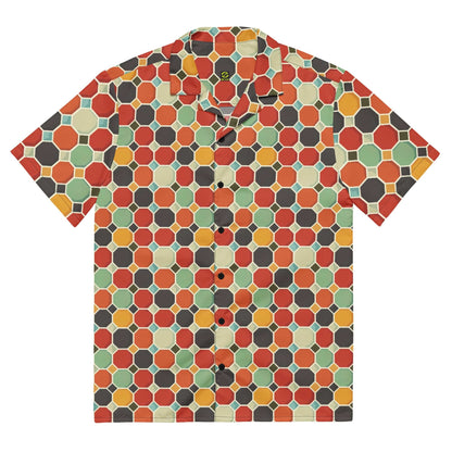 Back view of multicolor groovy patterned button shirt with short sleeves and collar
