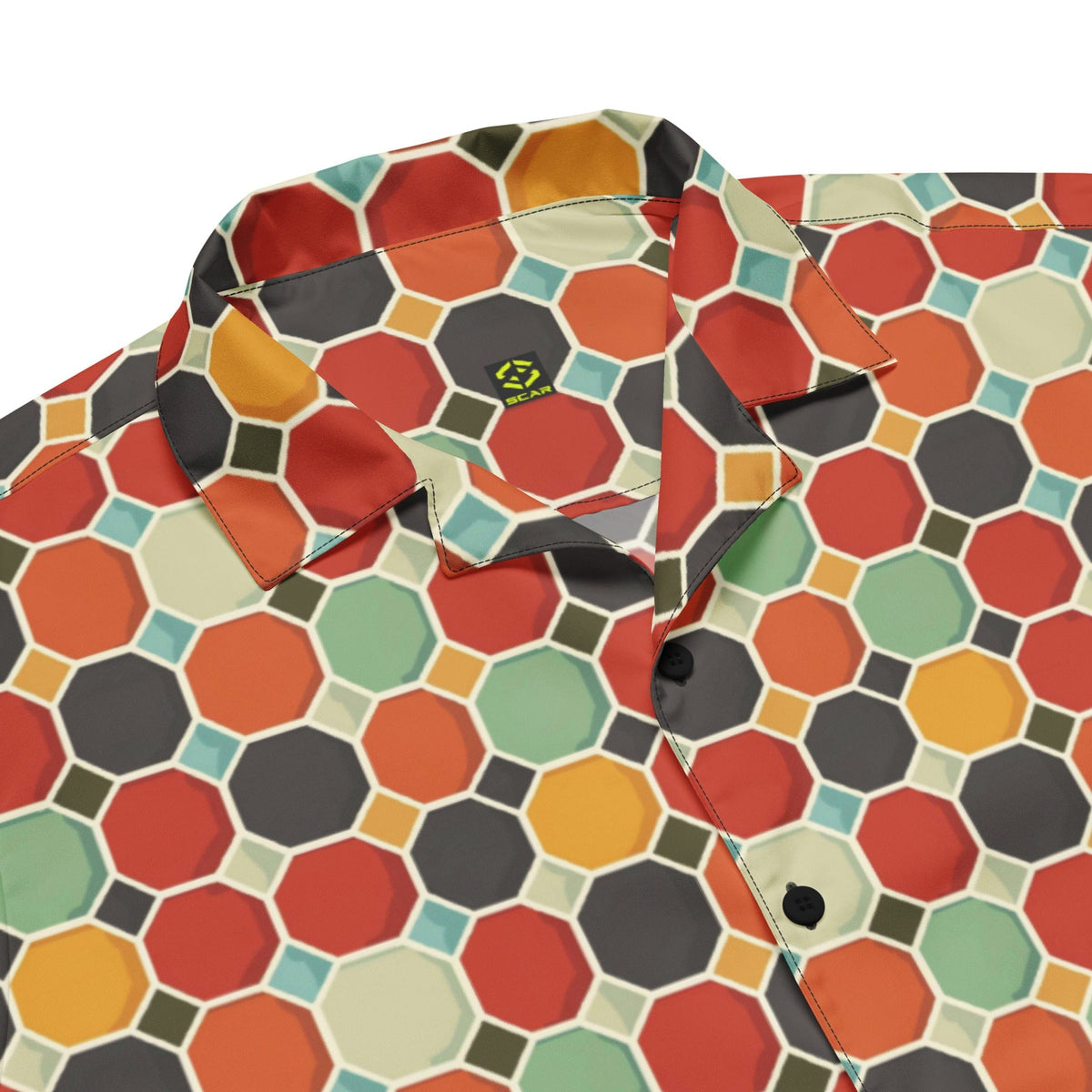 Close-up of multicolor hexagon-pattern button shirt with short sleeves and chest buttons