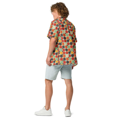 Back view of multicolor patterned short-sleeve button shirt on a model
