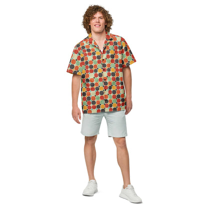 Multicolor groovy patterned short-sleeve button shirt with collar, front view