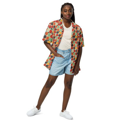 Multicolor patterned short-sleeve button shirt with collar, worn over a light top