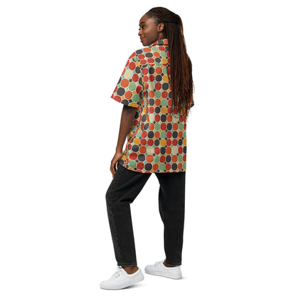 Side view of multicolor patterned short-sleeve button shirt with collar and buttons
