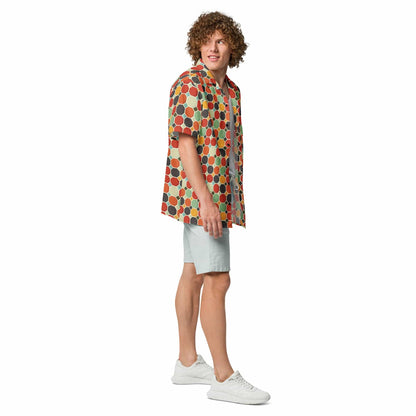 Front view of multicolor patterned short-sleeve button shirt with collar on model