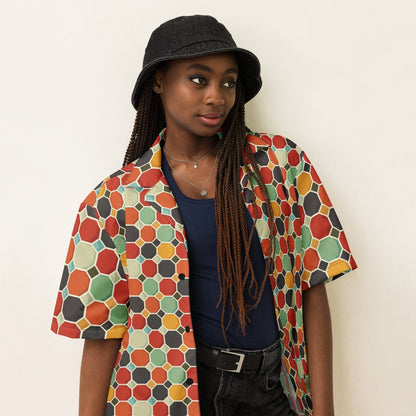 Button-up shirt with colorful geometric hexagon pattern and short sleeves