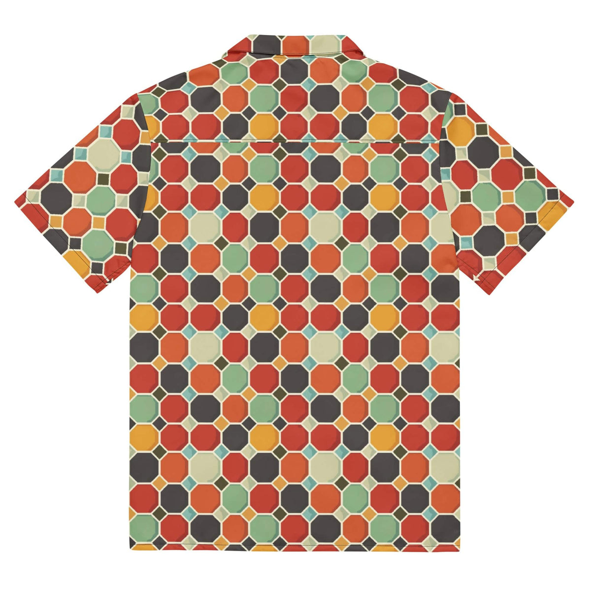 Back view button-up shirt with colorful geometric hexagon pattern and short sleeves