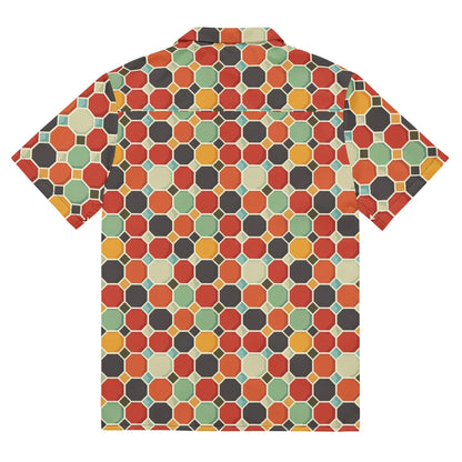 Back view button-up shirt with colorful geometric hexagon pattern and short sleeves