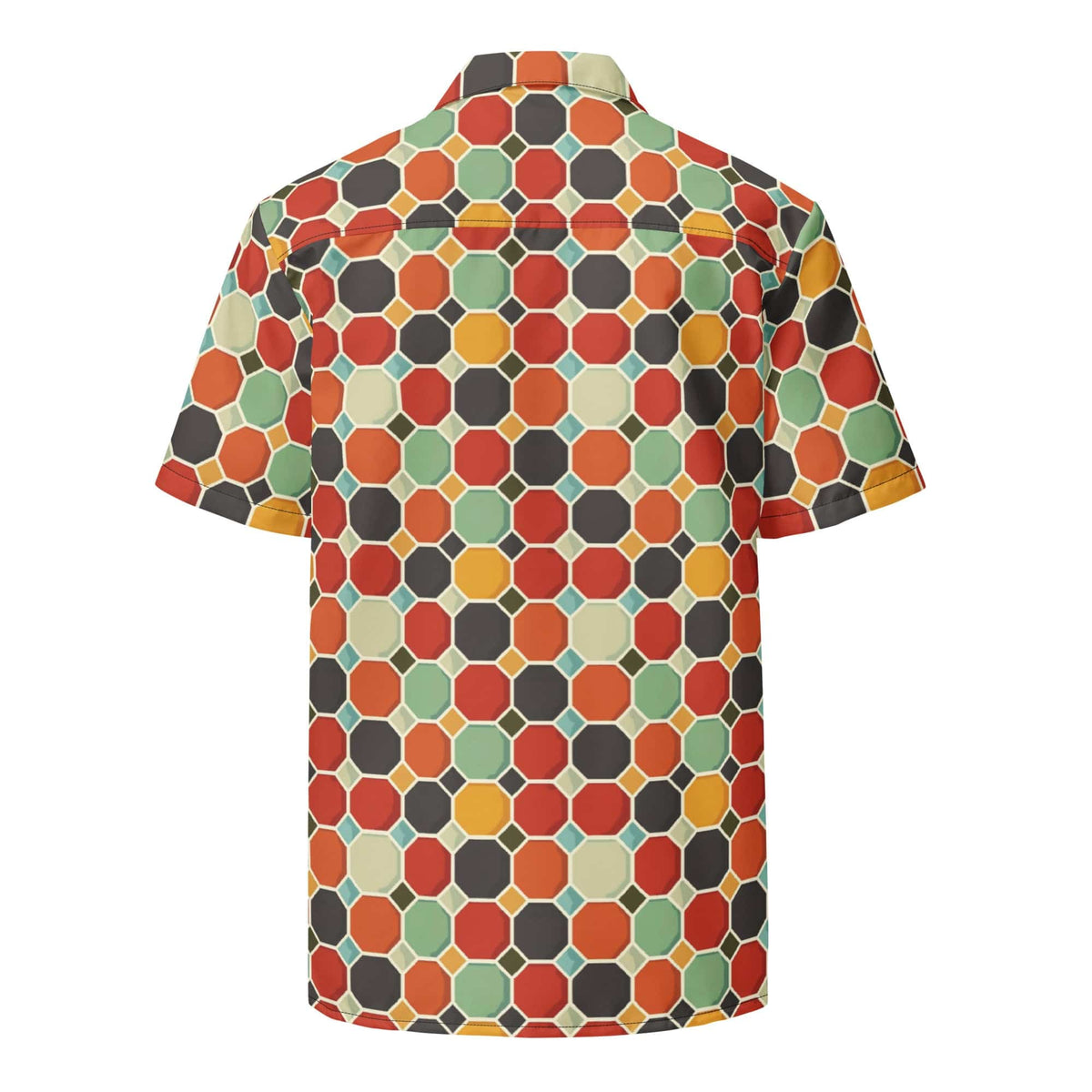 Button-up shirt with colorful geometric hexagon pattern, short sleeves, open collar