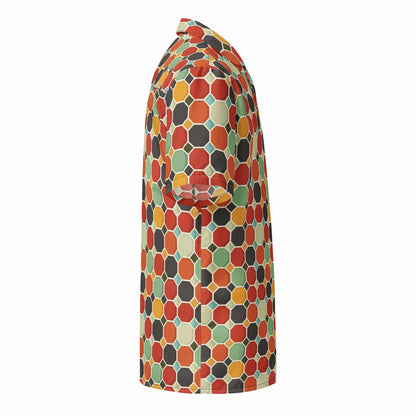 Side view button-up shirt with colorful geometric hexagon pattern, short sleeves