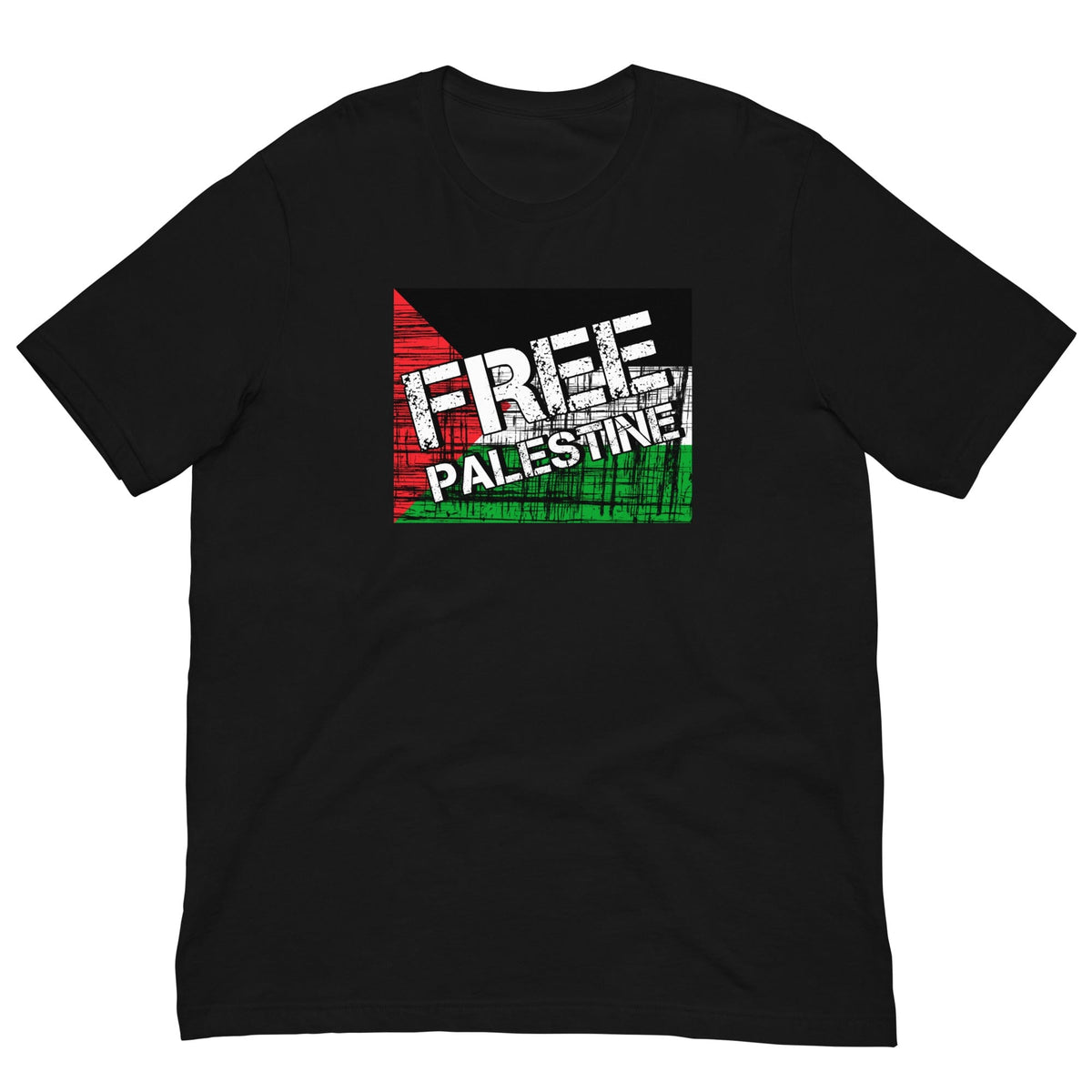 Black T-shirt with "FREE PALESTINE" grunge flag graphic on chest.