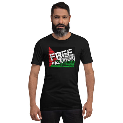 Black crewneck T-shirt with "FREE PALESTINE" chest print.
