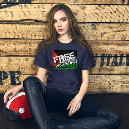 Navy T-shirt with "FREE PALESTINE" grunge flag text graphic at chest.