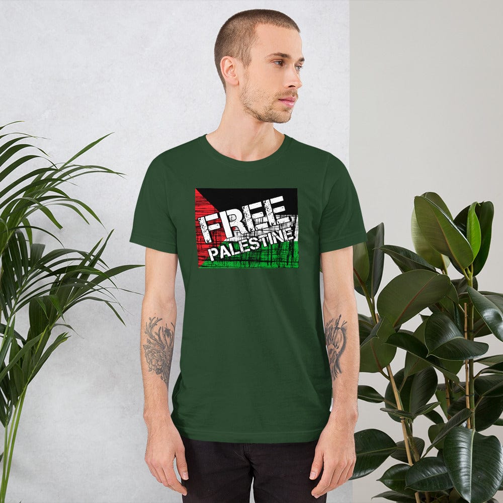 Forest green T-shirt with "FREE PALESTINE" grunge flag graphic on chest.