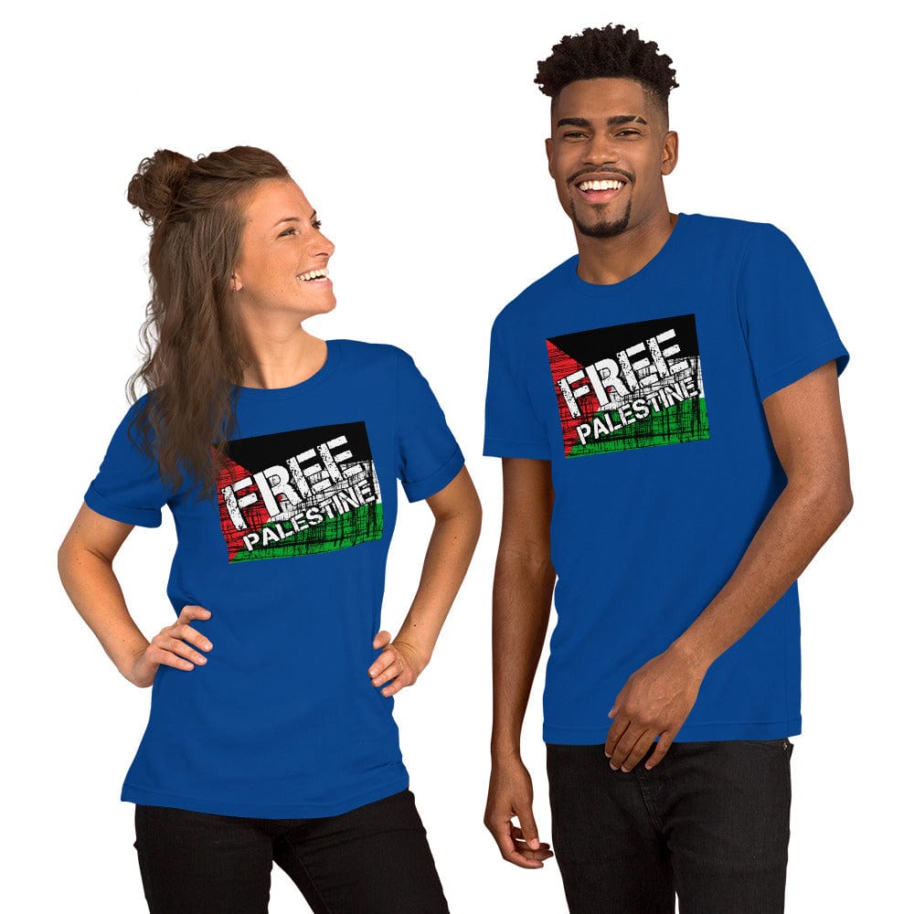 Blue T-shirts with "FREE PALESTINE" chest print, crewneck.