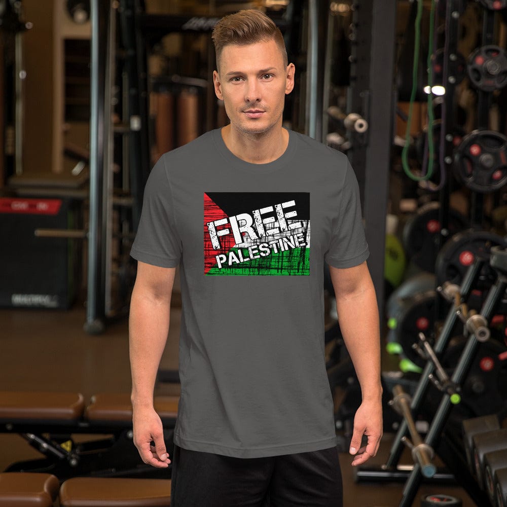 Gray T-shirt with "FREE PALESTINE" grunge flag graphic on chest.