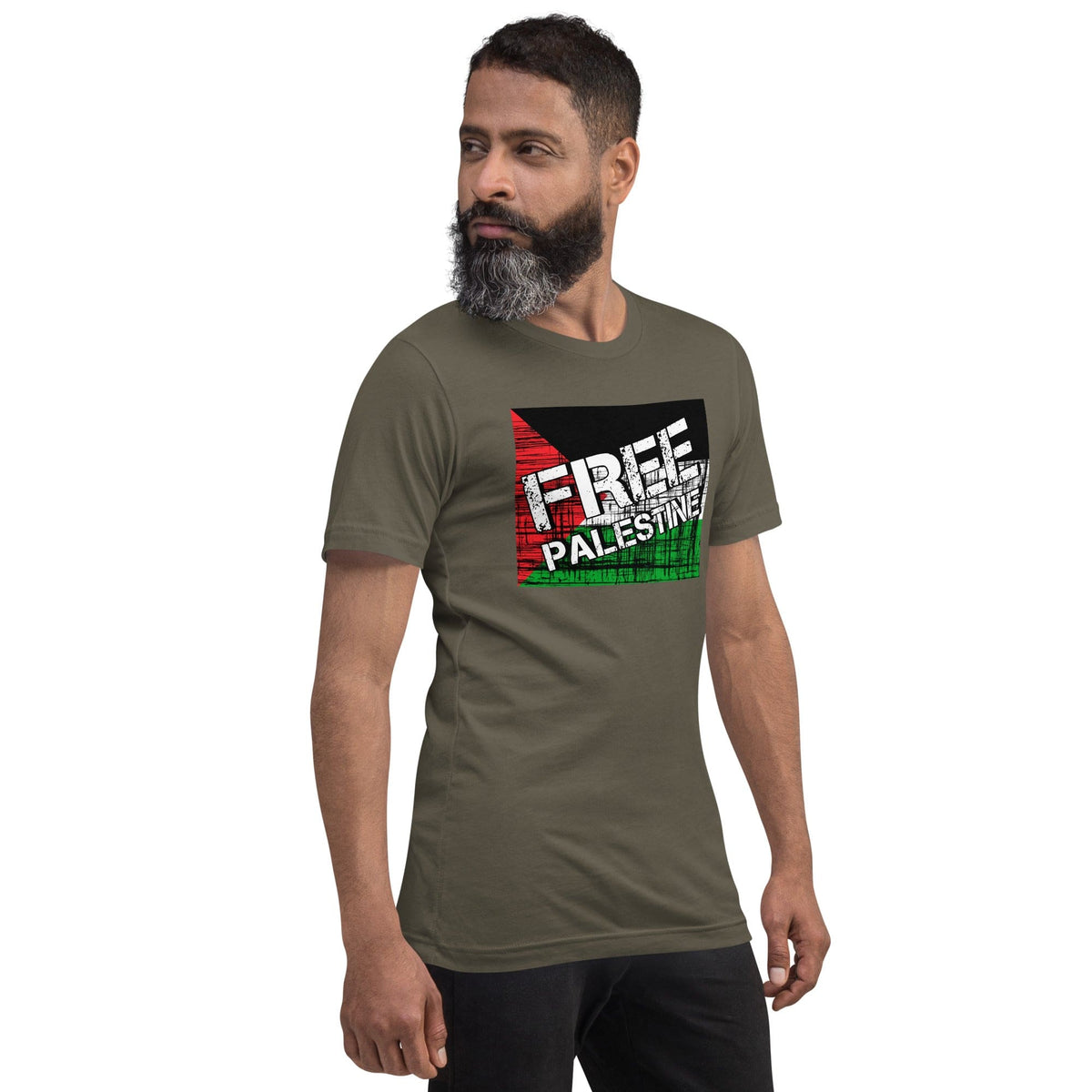 Olive green T-shirt with "FREE PALESTINE" grunge flag graphic on chest.