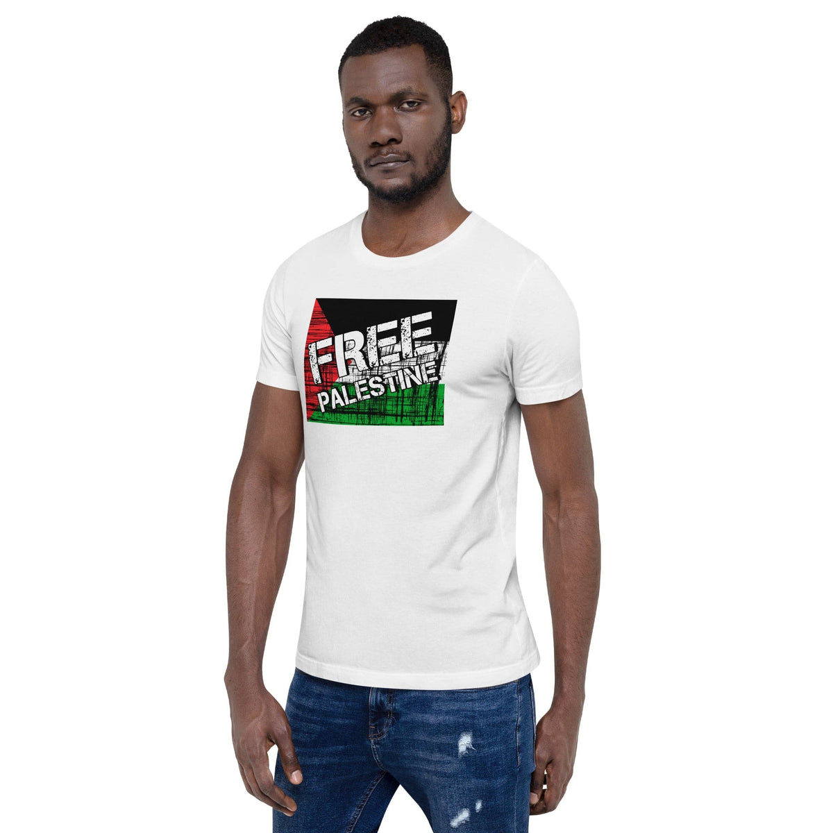 White crewneck T-shirt with "FREE PALESTINE" grunge flag graphic on chest.
