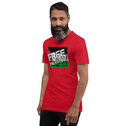 Red crewneck T-shirt with "FREE PALESTINE" grunge flag graphic on chest.