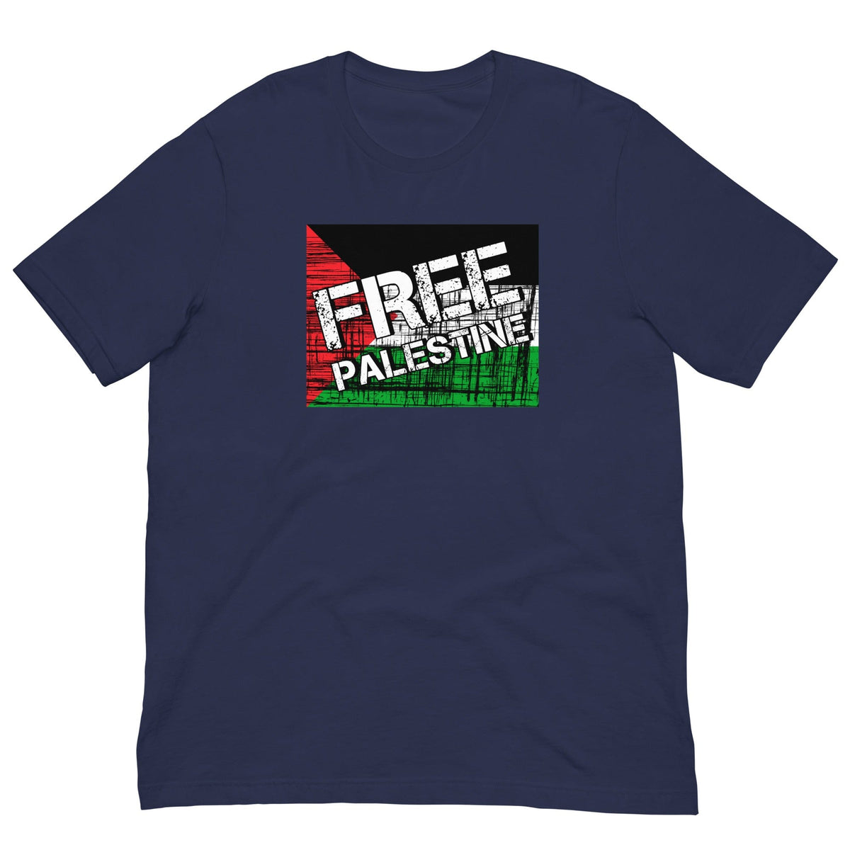 Navy T-shirt with “FREE PALESTINE” grunge Palestinian flag graphic, crew neck