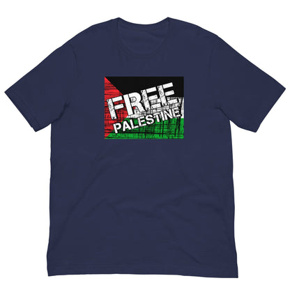 Navy T-shirt with “FREE PALESTINE” grunge Palestinian flag graphic, crew neck