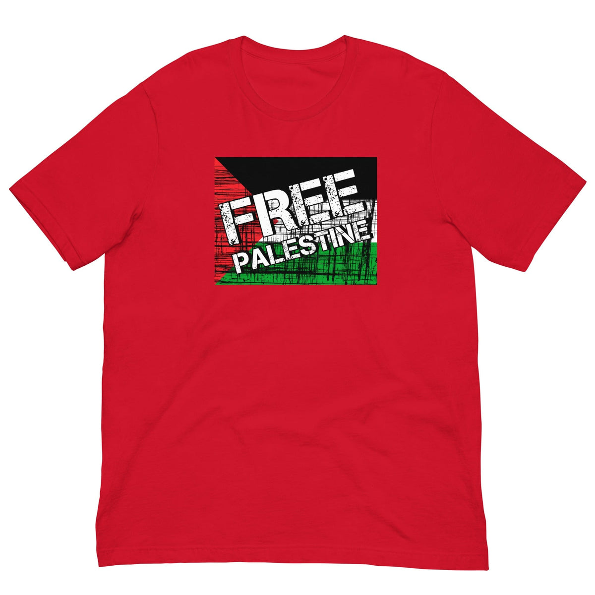 Red T-shirt with “FREE PALESTINE” distressed graphic, crew neck