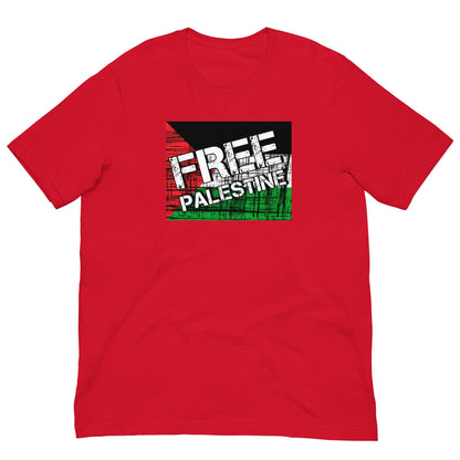 Red T-shirt with “FREE PALESTINE” distressed graphic, crew neck
