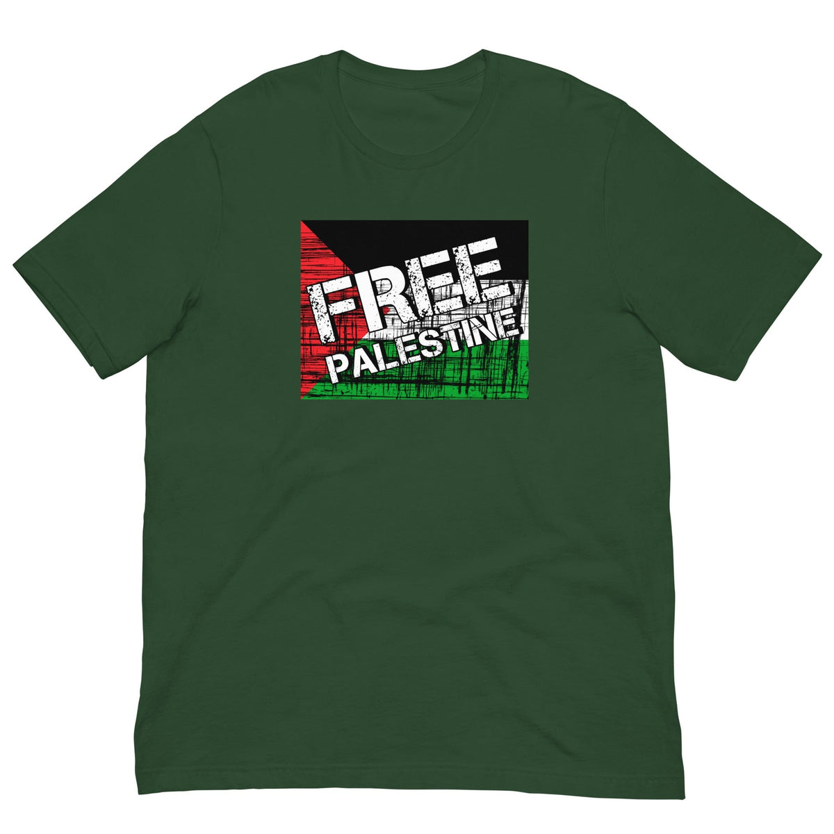 Forest green T-shirt with “FREE PALESTINE” distressed Palestinian flag graphic