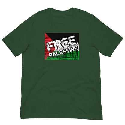 Forest green T-shirt with “FREE PALESTINE” distressed Palestinian flag graphic