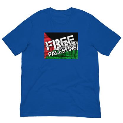 True royal blue T-shirt with “FREE PALESTINE” distressed Palestinian flag graphic