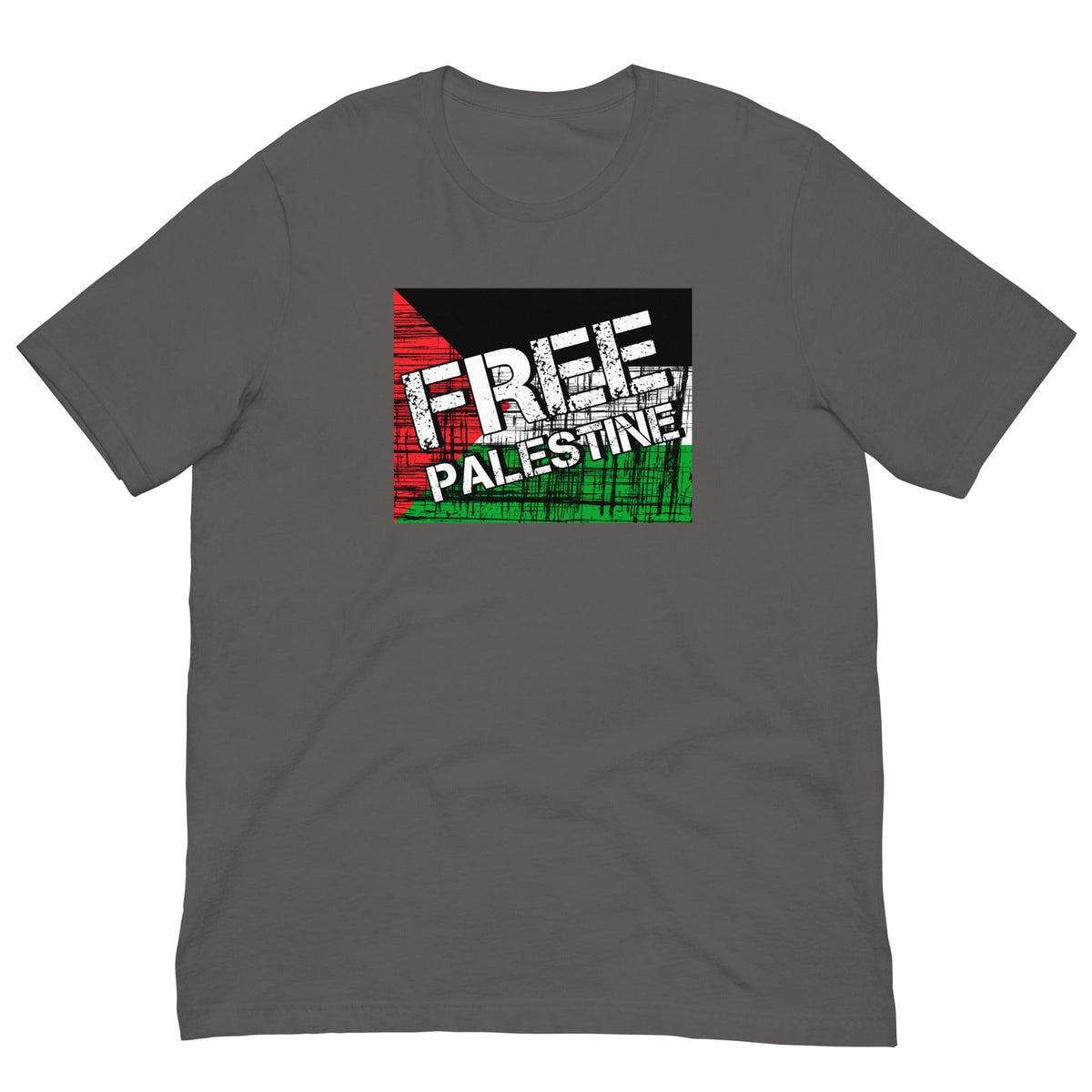 Asphalt gray T-shirt with “FREE PALESTINE” distressed Palestinian flag graphic