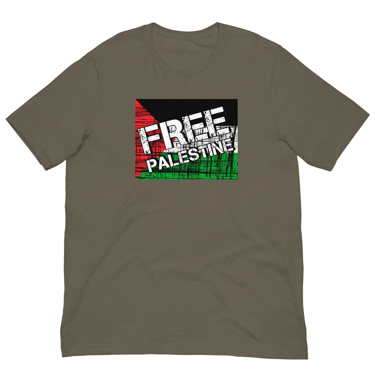 Army green T-shirt with “FREE PALESTINE” distressed Palestinian flag graphic