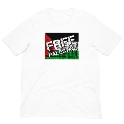 White T-shirt with “FREE PALESTINE” distressed Palestinian flag graphic, crew neck