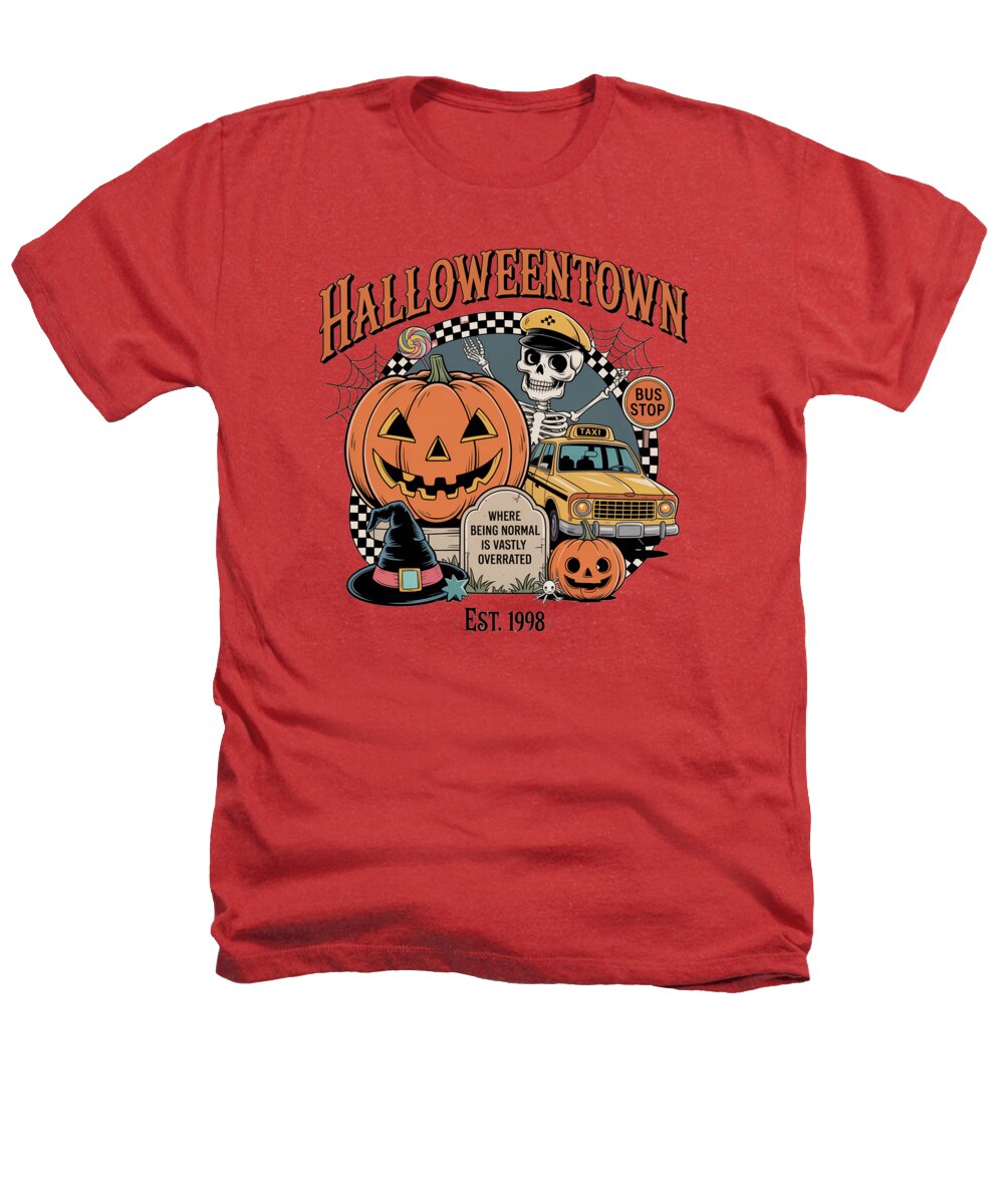 Red T-shirt with Halloween graphic: skeleton with pumpkin, jack-o'-lantern bus.