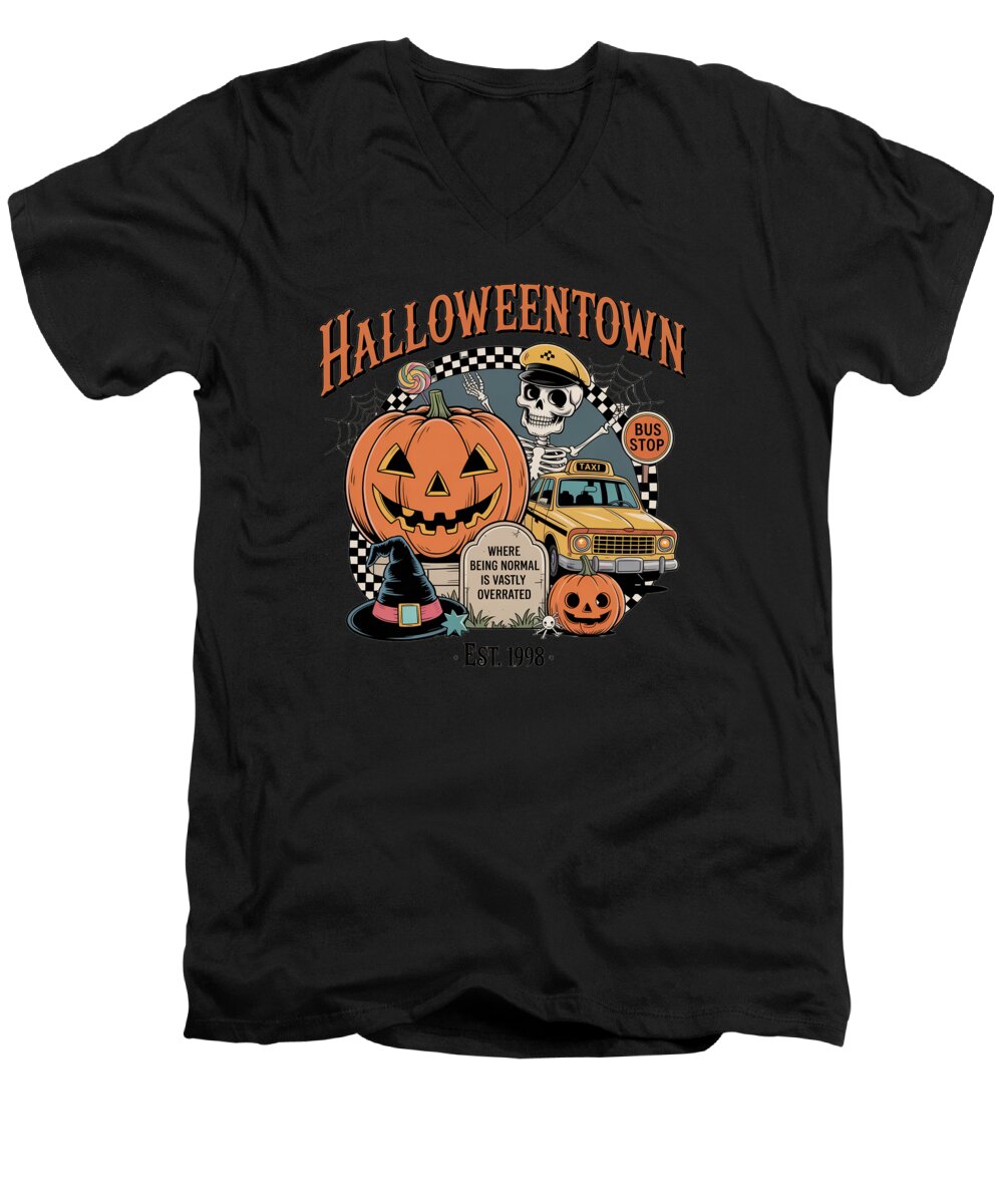 Men's V-neck T-shirt, black, front Halloween Town graphic with pumpkin and taxi