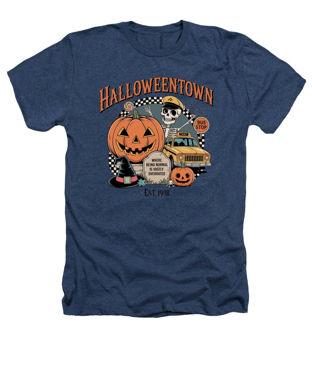 Navy T-shirt with Halloween graphic of skeleton, jack-o'-lantern, and bus.