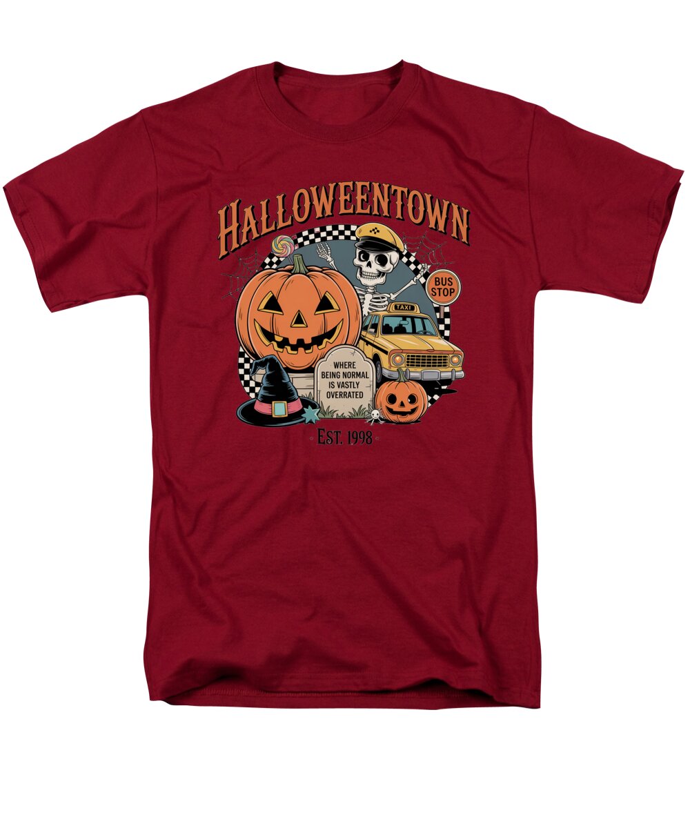 Men's red T-shirt with Halloween Town graphic of pumpkin, bus, and ghost