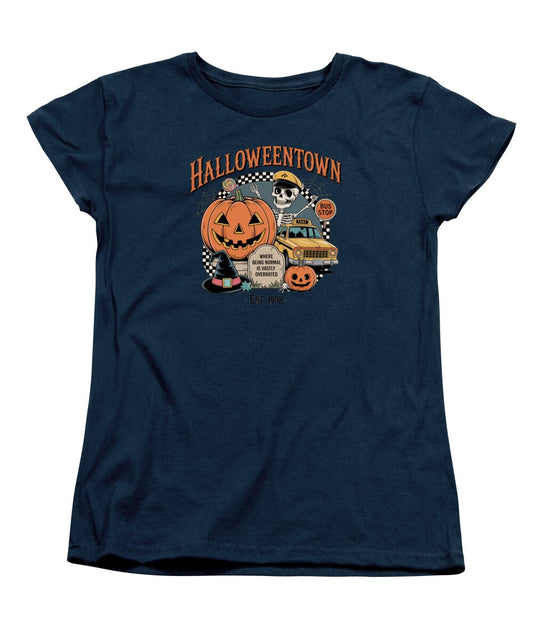 Women's navy T-shirt with Halloween Town graphic: jack-o'-lantern and taxi.
