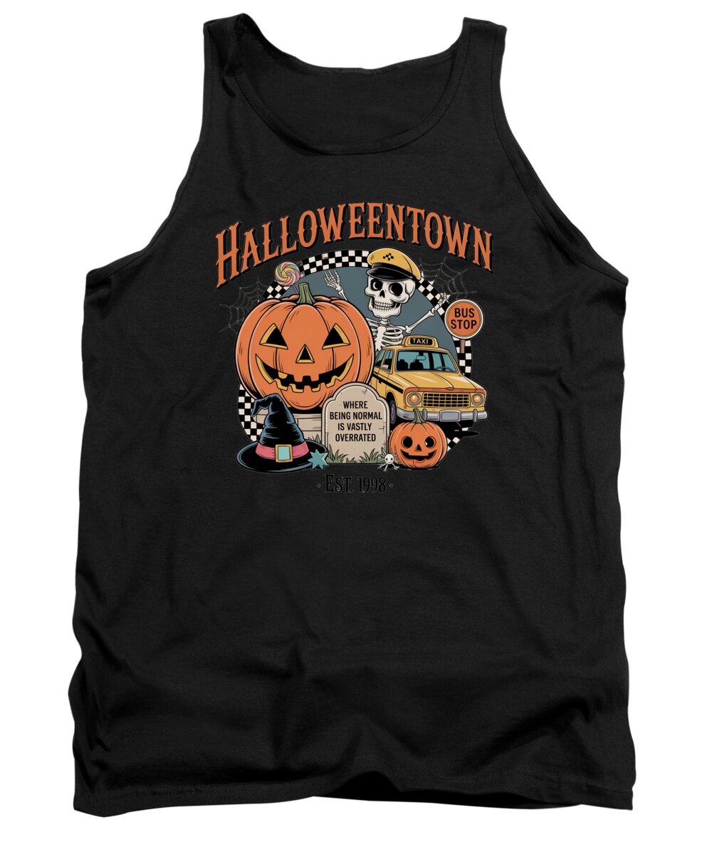 Black tank top with crew neck; HalloweenTown graphic with bus, skull and pumpkins