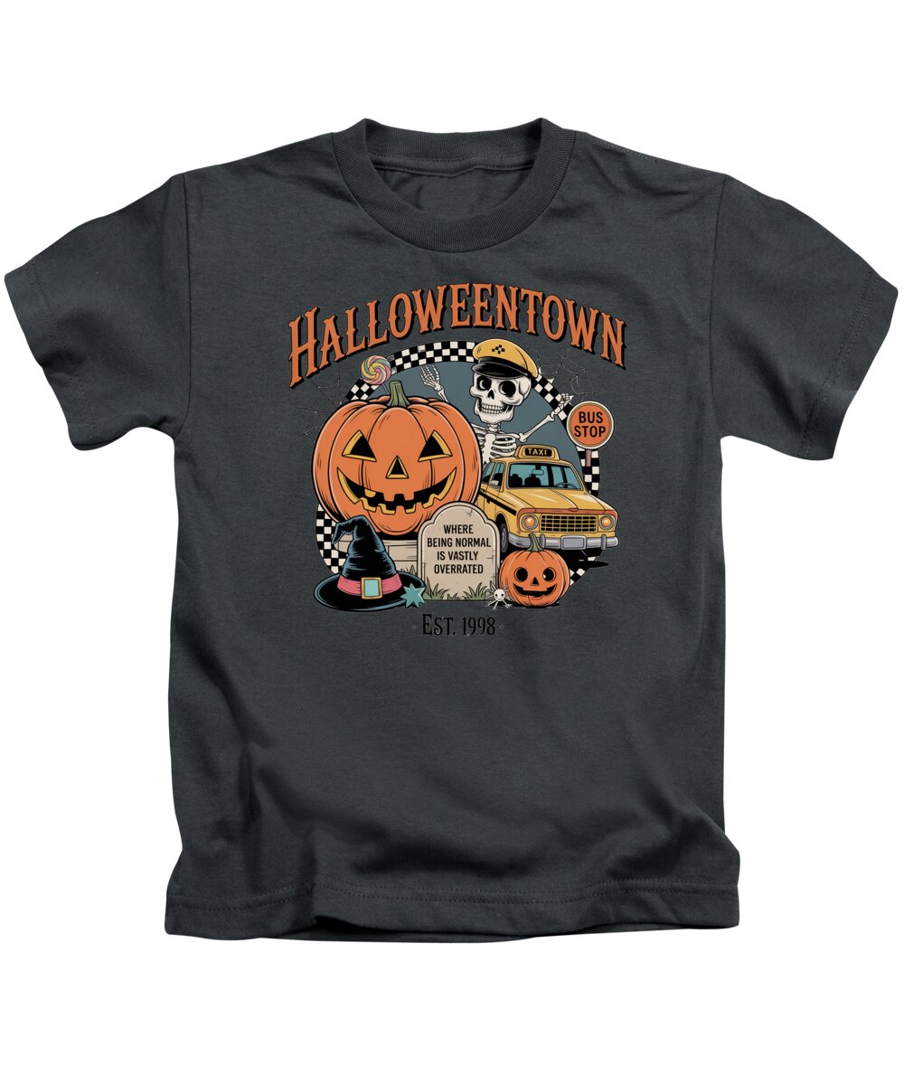 Kids Halloween graphic T-shirt in dark gray with crew neck and pumpkin taxi stop front print