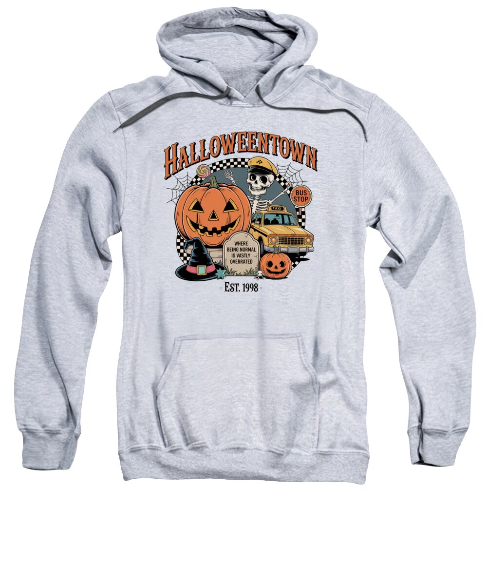 Heather gray hoodie sweatshirt with Halloween Town graphic on front