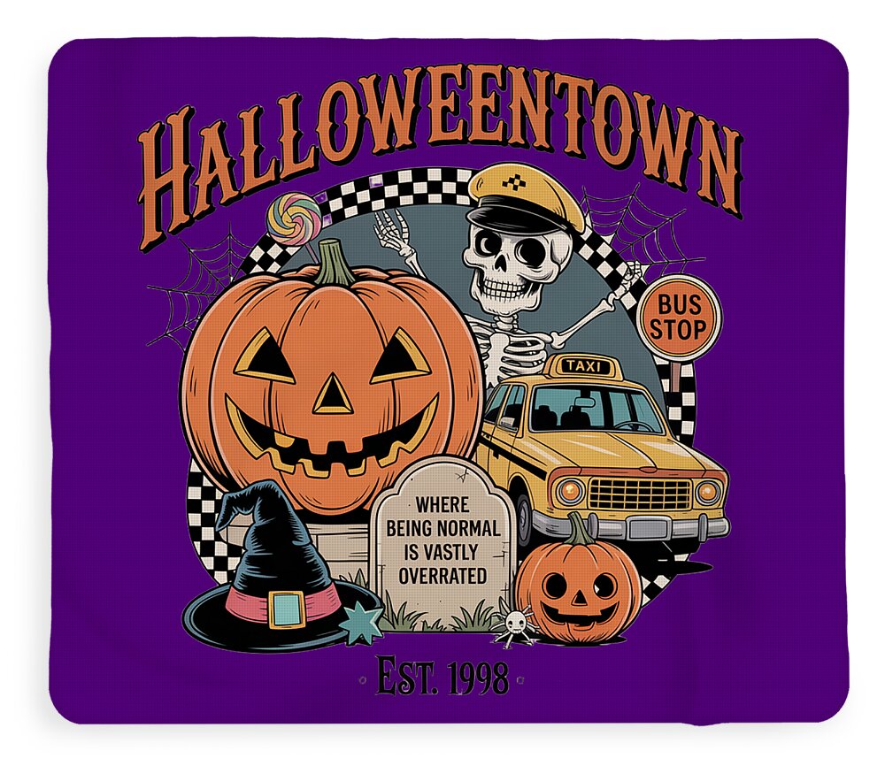 Halloween-themed plush fleece blanket, purple with jack-o-lantern and taxi stop artwork