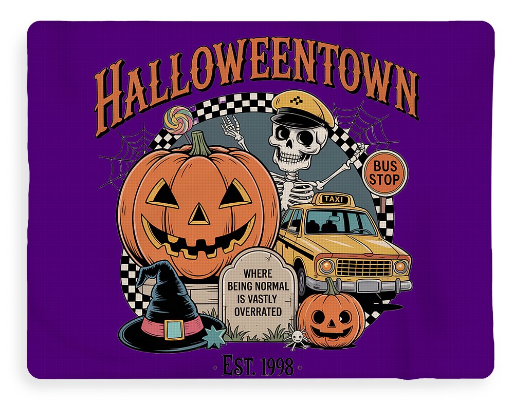 Halloween-themed plush fleece blanket, purple with pumpkin and skeleton on taxi-themed print