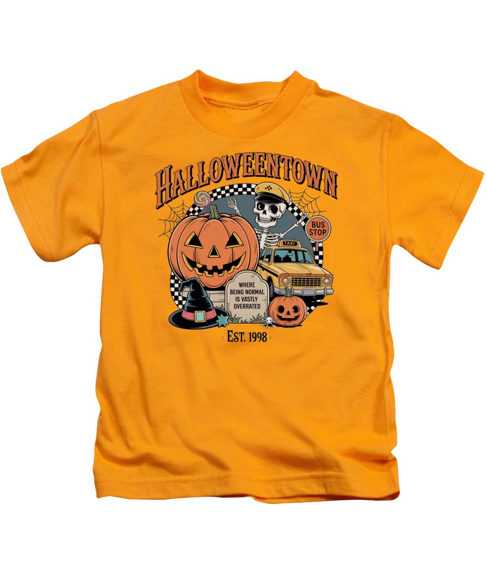 Kids Halloween graphic T-shirt in orange with crew neck and pumpkin taxi stop front print