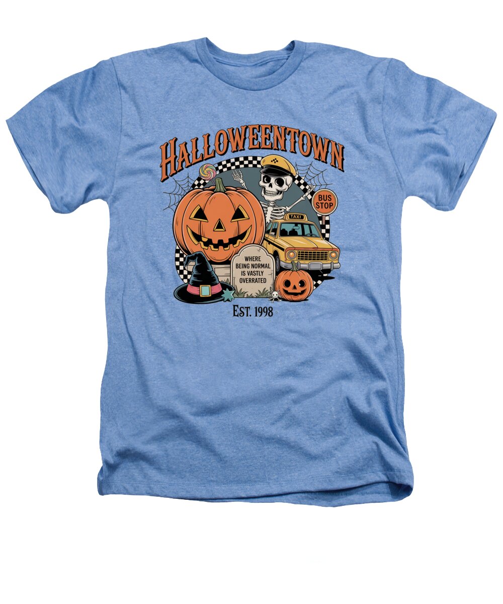 Light blue T-shirt with Halloween graphic showing skeleton, jack-o'-lantern, bus stop.