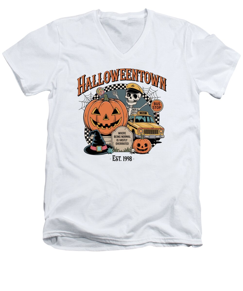 Men's V-neck T-shirt, white, front Halloween Town graphic with pumpkin and taxi