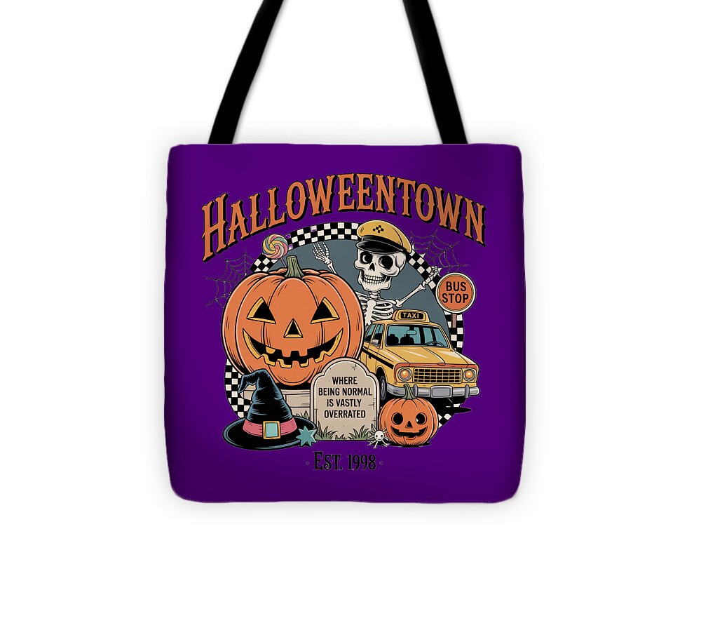 Purple Halloween Town tote bag with skeleton taxi, jack-o'-lantern and bus stop graphic.
