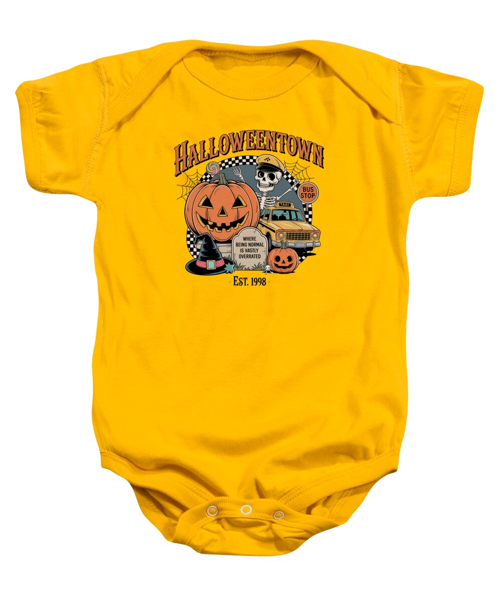 Baby short-sleeve onesie in bright yellow with Halloween town graphic and snap button legs