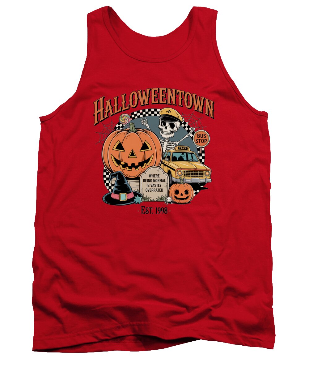 Red tank top with crew neck; HalloweenTown graphic with bus, skull and pumpkins
